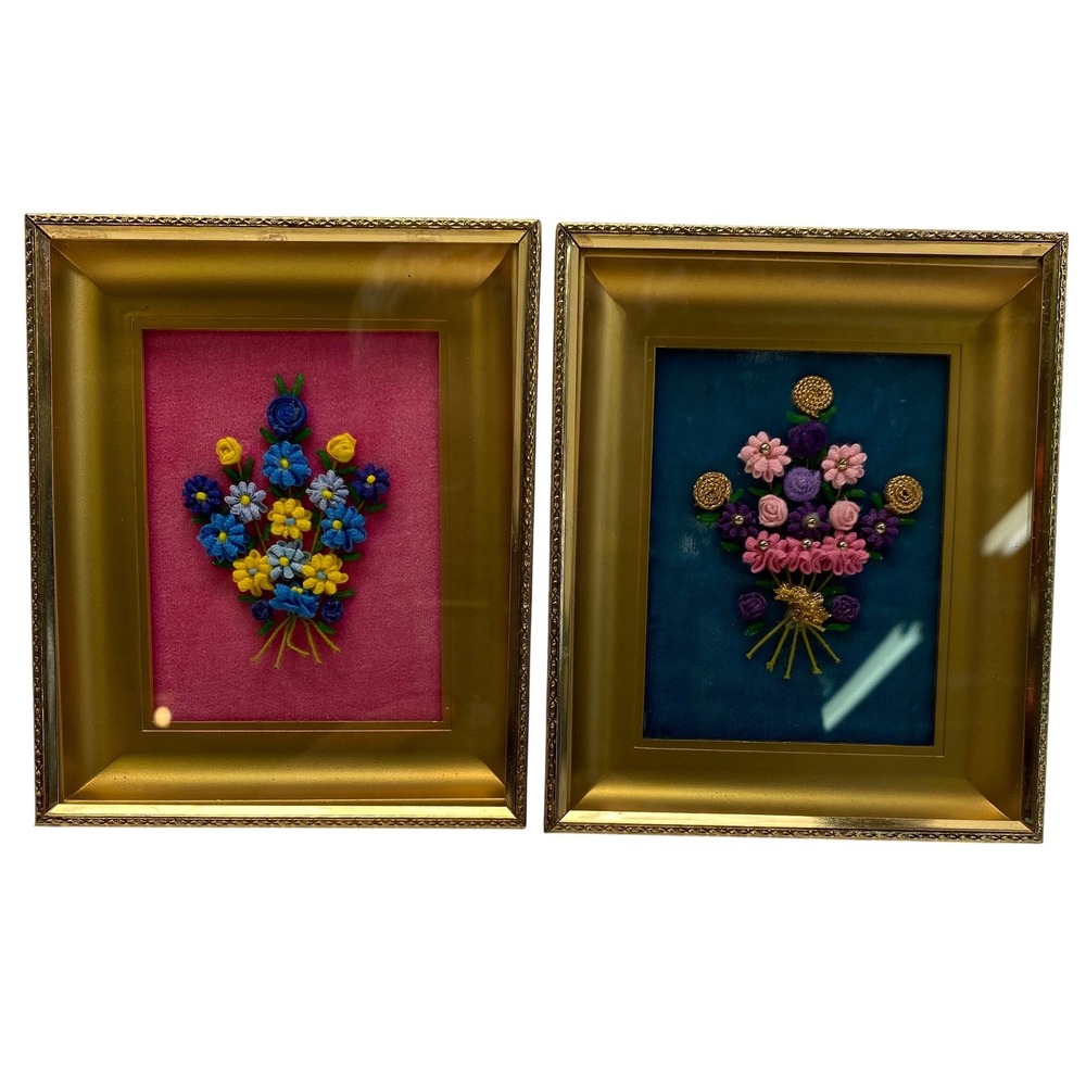 Vintage Miniature Ribbon Embroidery Floral Art Gold Shadowbox Frames Set of 2